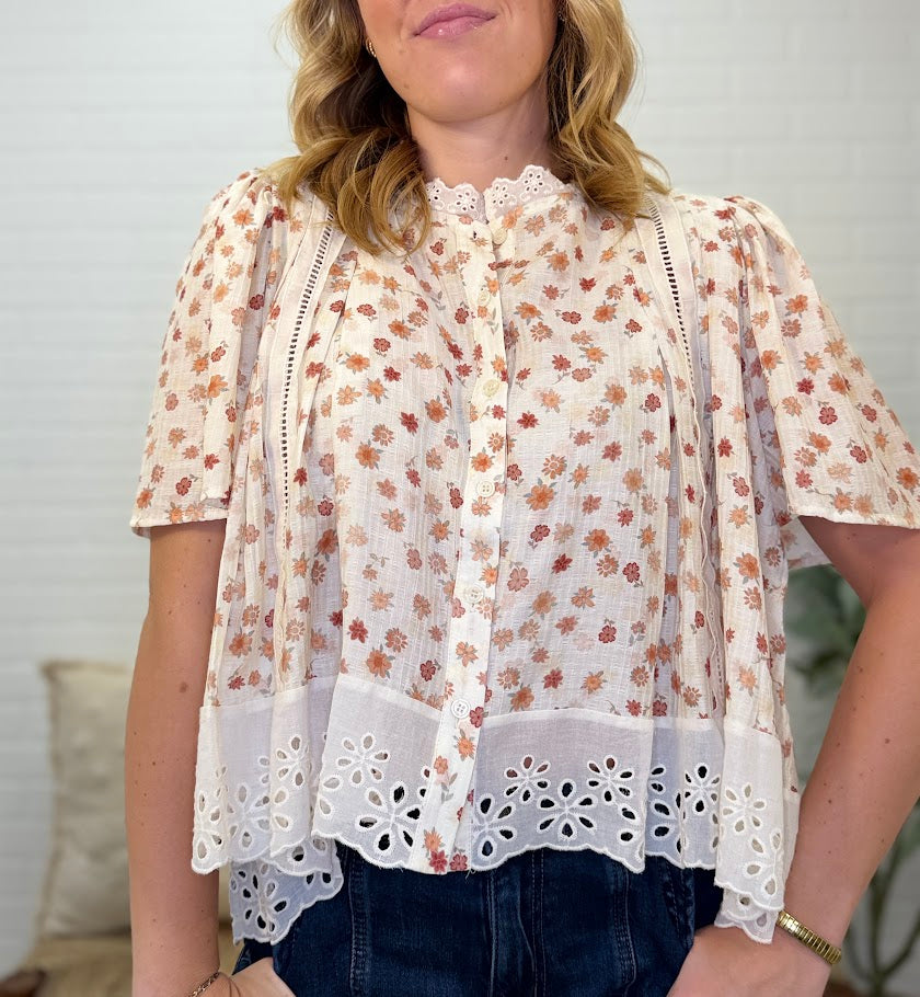 Floral Print Lace Trim Flutter Sleeves Button Down Blouse Top