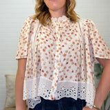 Floral Print Lace Trim Flutter Sleeves Button Down Blouse Top