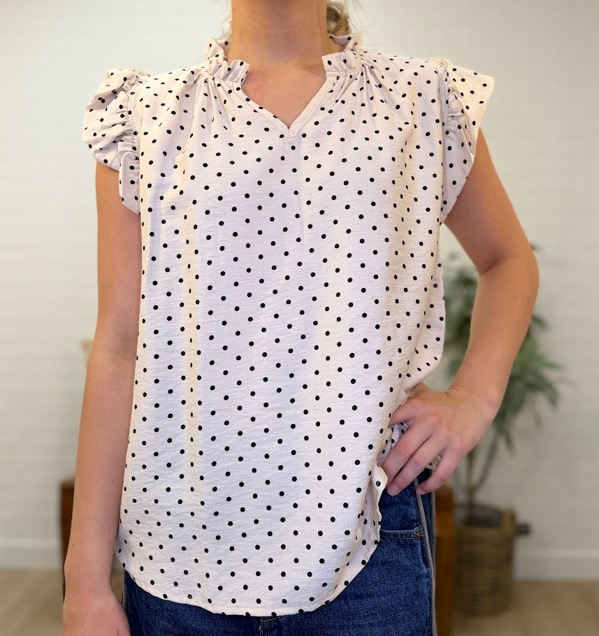 Polka Dot With Ruffle Cap Sleeve