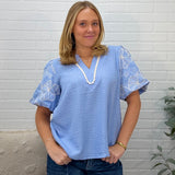Short Embroidered Puff Sleeve Woven Top With Neck Trim Lace Detail