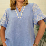 Short Embroidered Puff Sleeve Woven Top With Neck Trim Lace Detail