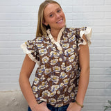 Ruffled Sleeve Ruffled Neck Printed Top