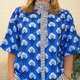 Bubble Sleeve Ruffled Neck Printed Top