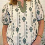 Short Puff Sleeve Woven Embroidered Top With Contrast Neck Detail