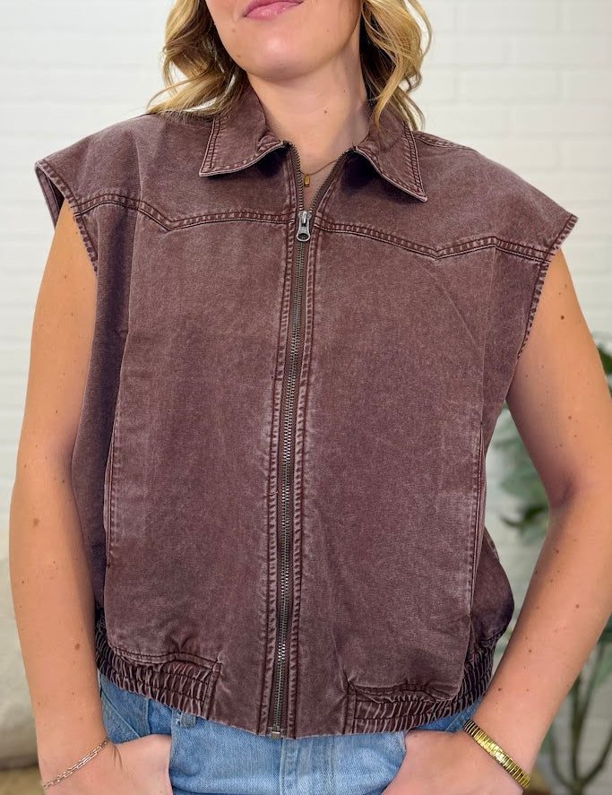 Mineral Wash Sleeveless Zip-up Collar Vest