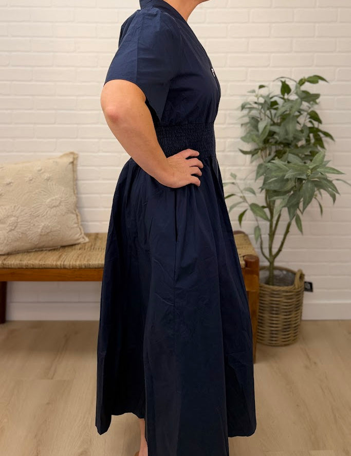 Short Sleeve Smocked Waist Front Zip Midi Dress With Pockets