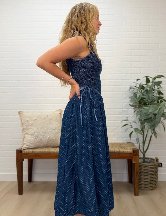 Polka Dot Print Smocked Bodice Midi Dress