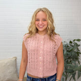 Open Knit Sleeveless Button Front Sweater Vest