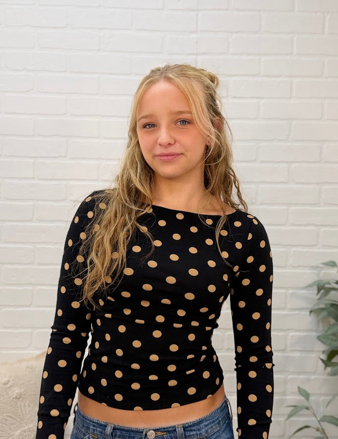 Polka Dot Boat Neck Long Sleeve Knit Top