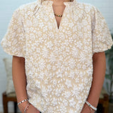 Floral Pattern Texture Sleeves Ruffled V-neck Top