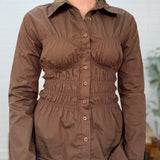 Collared Button Down Shirred Long Sleeve Top