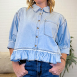 Washed Denim Ruffled Hem Button Up Shirt