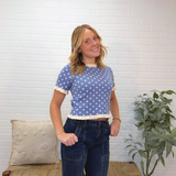 Polka Dot Ruffled Short Sleeves Sweater Knit Top