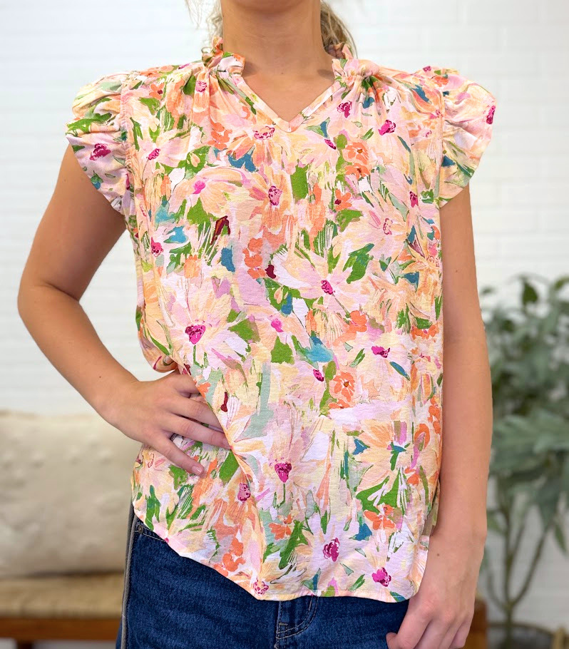 V Neck Ruffled Sleeve Detail Top