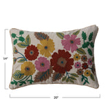 Cotton Corduroy Lumbar Pillow W Embroidery & Mini Pom Pom Trim
