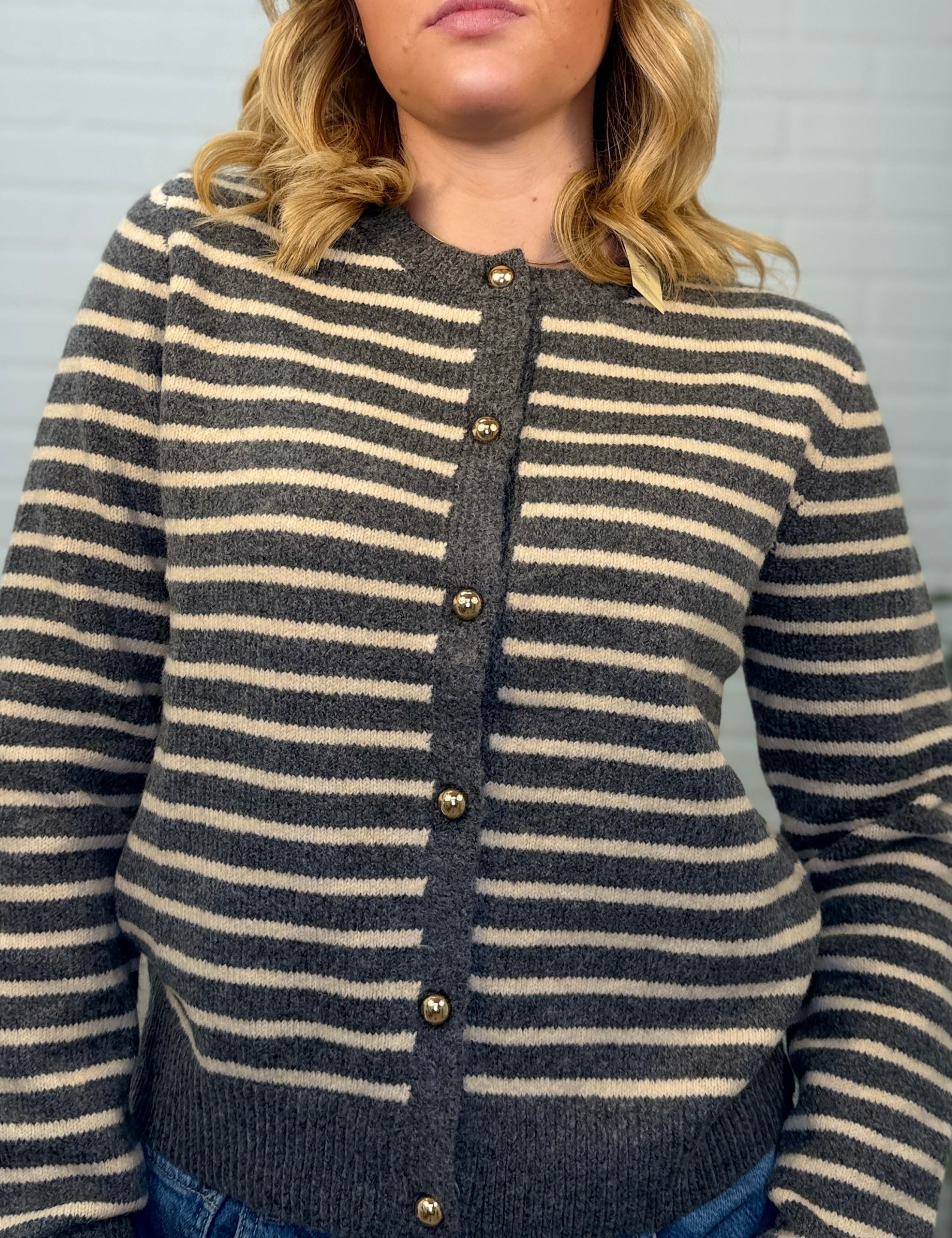 Long Sleeve Gold Button Down Striped Knit Sweater Cardigan