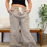 Twiill Stripe Banding Waist Lace Trim Hem Pants
