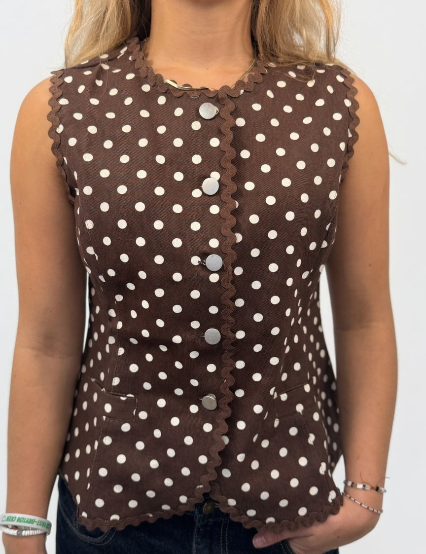 Polka Dot Scallop Neck Edge Puff Short Sleeves Knit Top