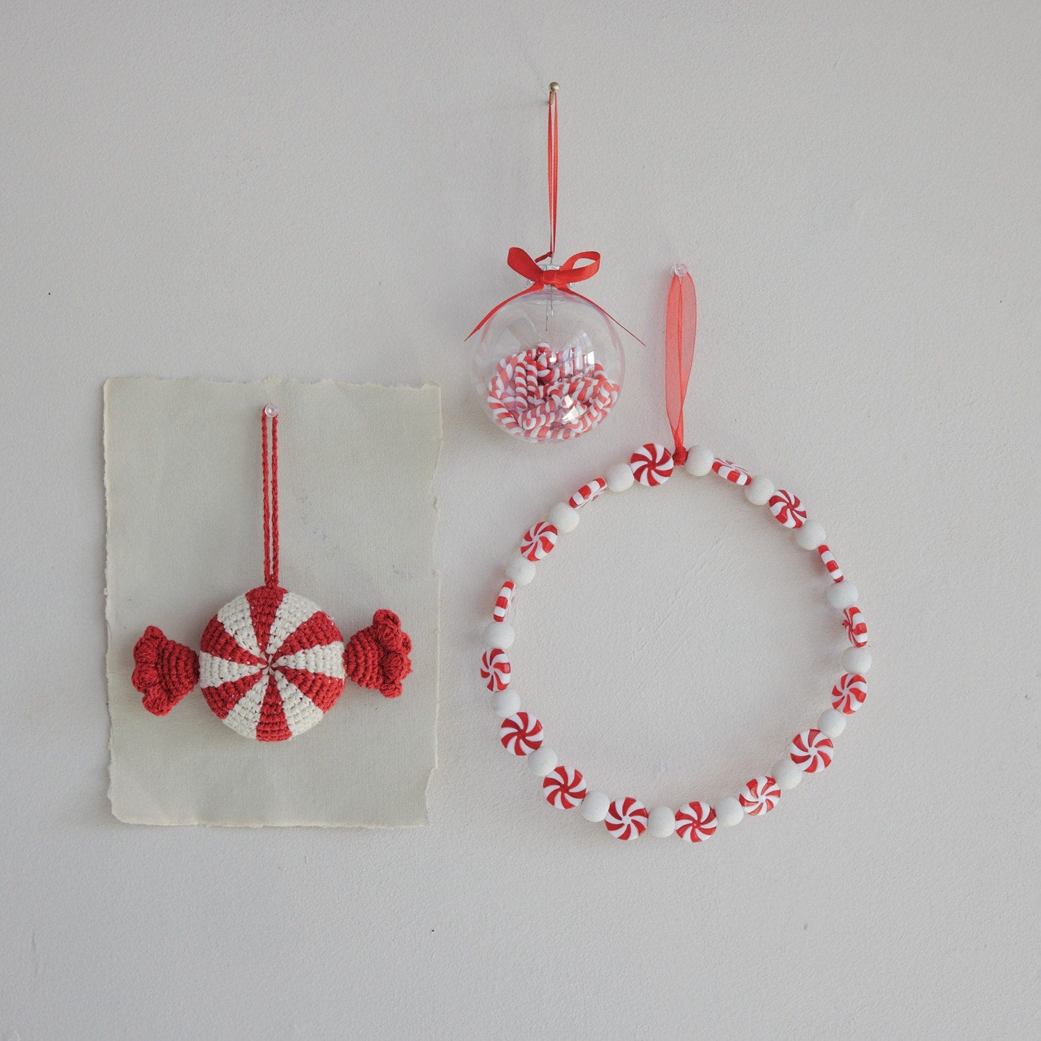 Wood Candy Wreath Ornament, White & Red
