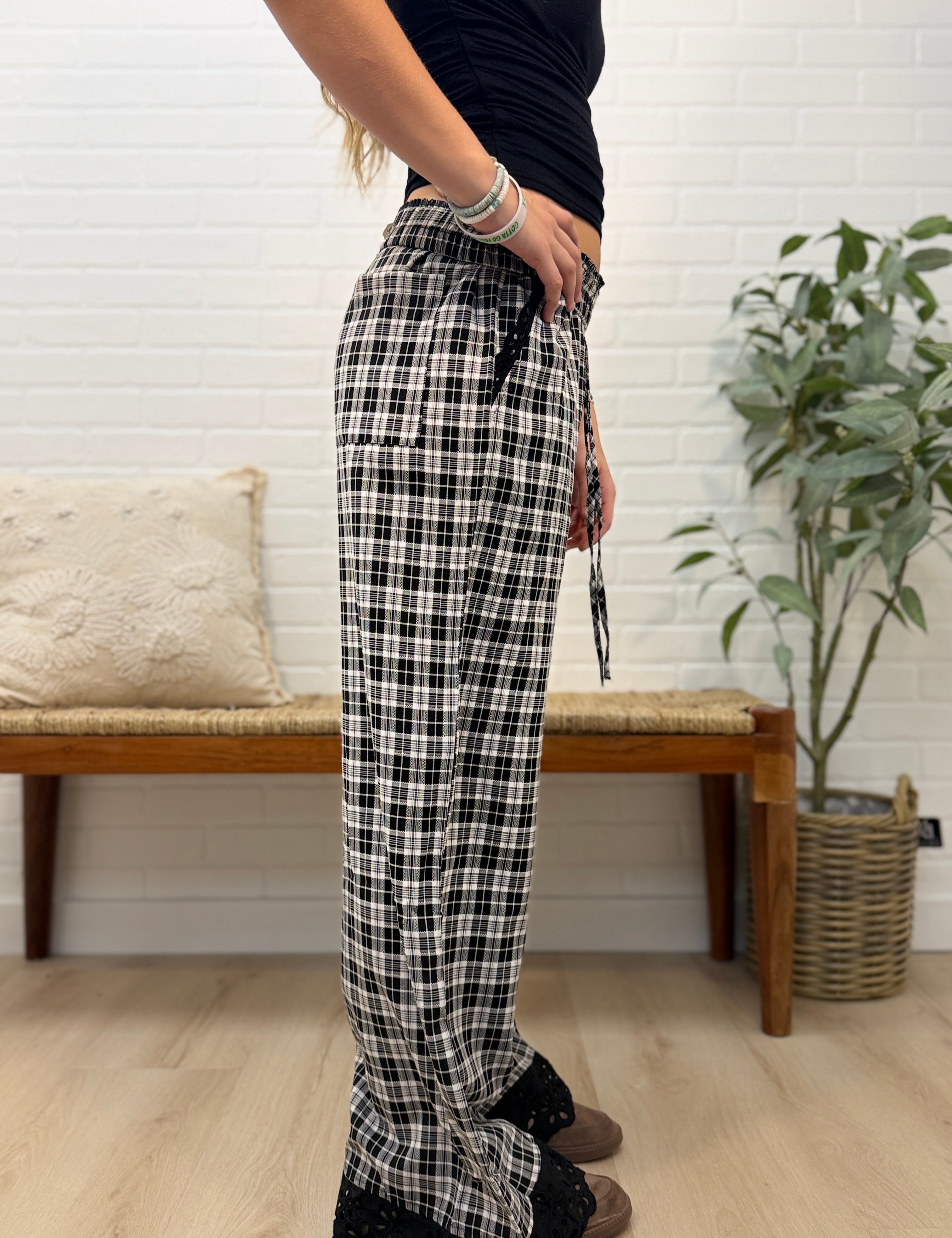 Plaid Check Wide Leg Pull On Wide Leg Pants With Lace