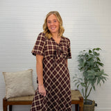 Plaid Print V Neck Midi Dress