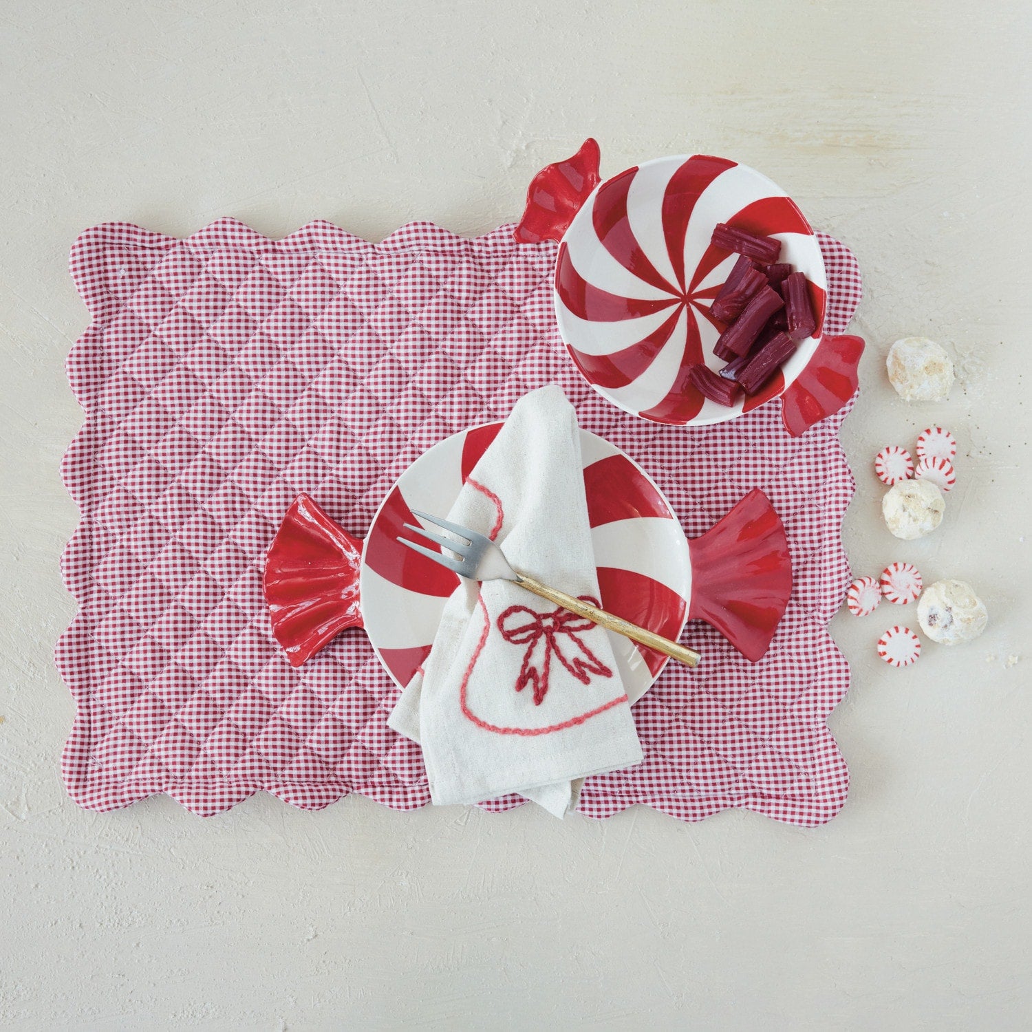 Hand-painted Ceramic Candy Shaped Plate Red & White
