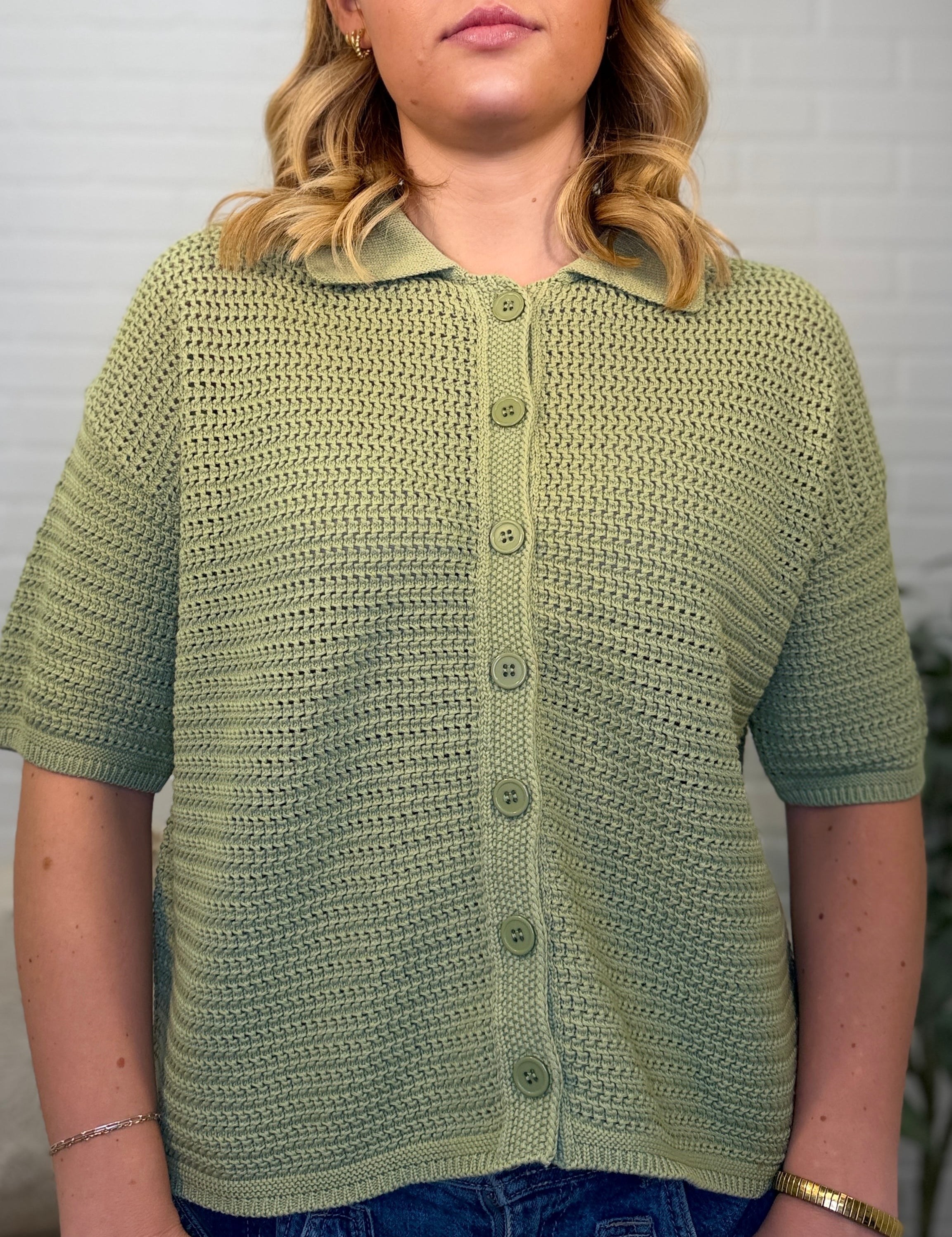 Boxy Cropped Crochet Knit Button Up Collared Shirt
